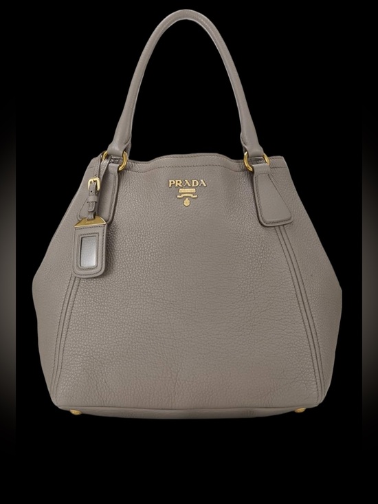 Prada Handbags - Prada Gray Pebbled Leather Shoulder Bag with Gold Hardware
